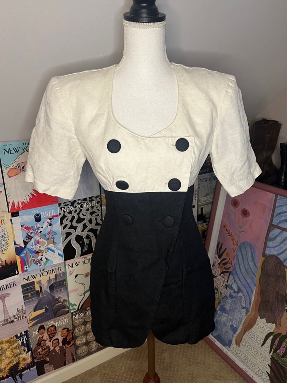 VTG Two-Tone Black & White Short Sleeve Dress Top with Double-Breasted Detail